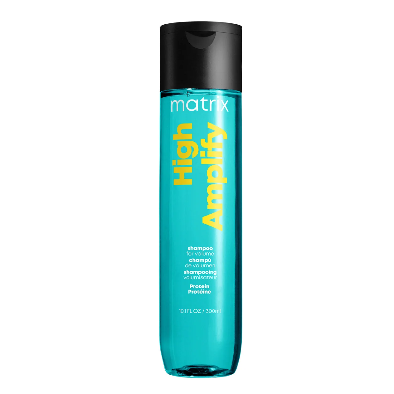 Blue shampoo bottle with black cap labeled 'Matrix High Amplify' on a white background