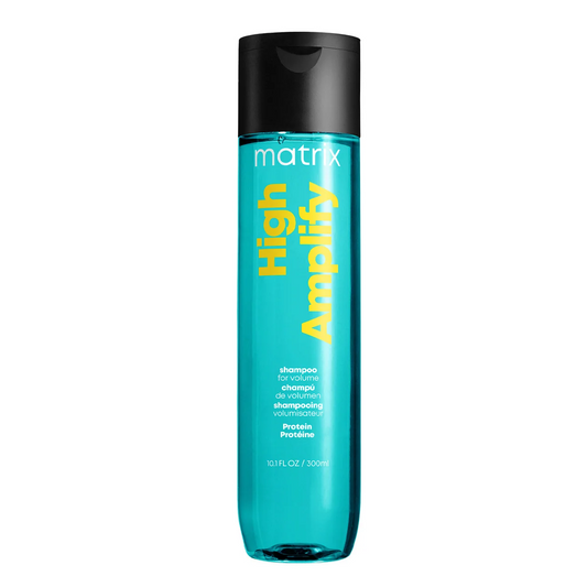 Blue shampoo bottle with black cap labeled 'Matrix High Amplify' on a white background